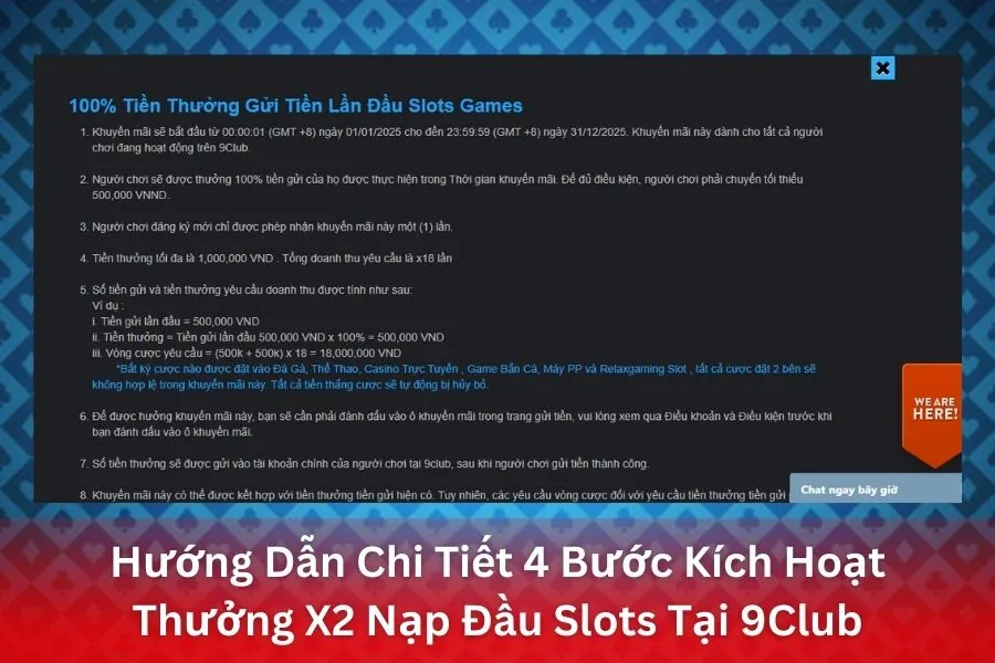 Hướng Dẫn Chi Tiết 4 Bước Kích Hoạt Thưởng X2 Nạp Đầu Slots Tại 9Club